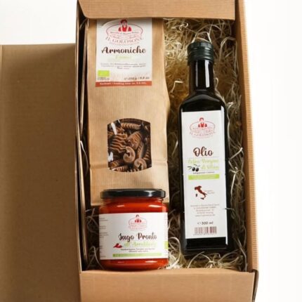 Bio-Olivenöl, Pasta und Tomatensauce im Geschenkkarton, italienische Spezialitäten, Il Golosone.