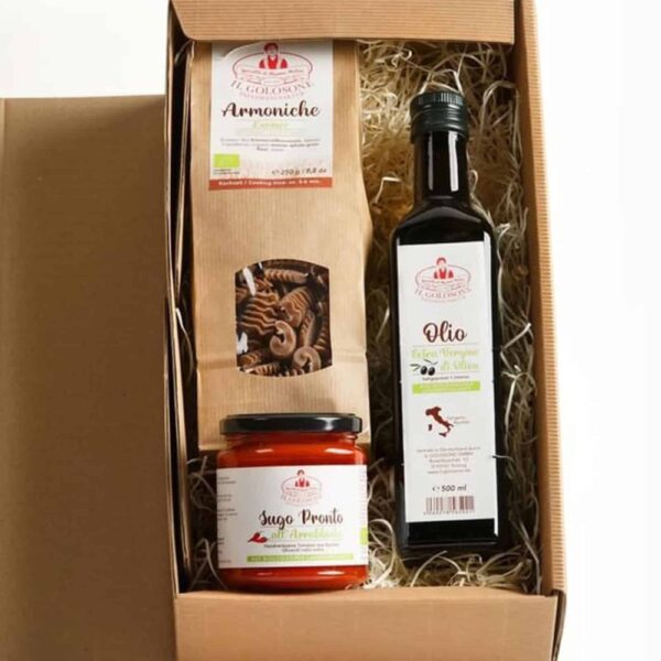 Bio-Olivenöl, Pasta und Tomatensauce im Geschenkkarton, italienische Spezialitäten, Il Golosone.