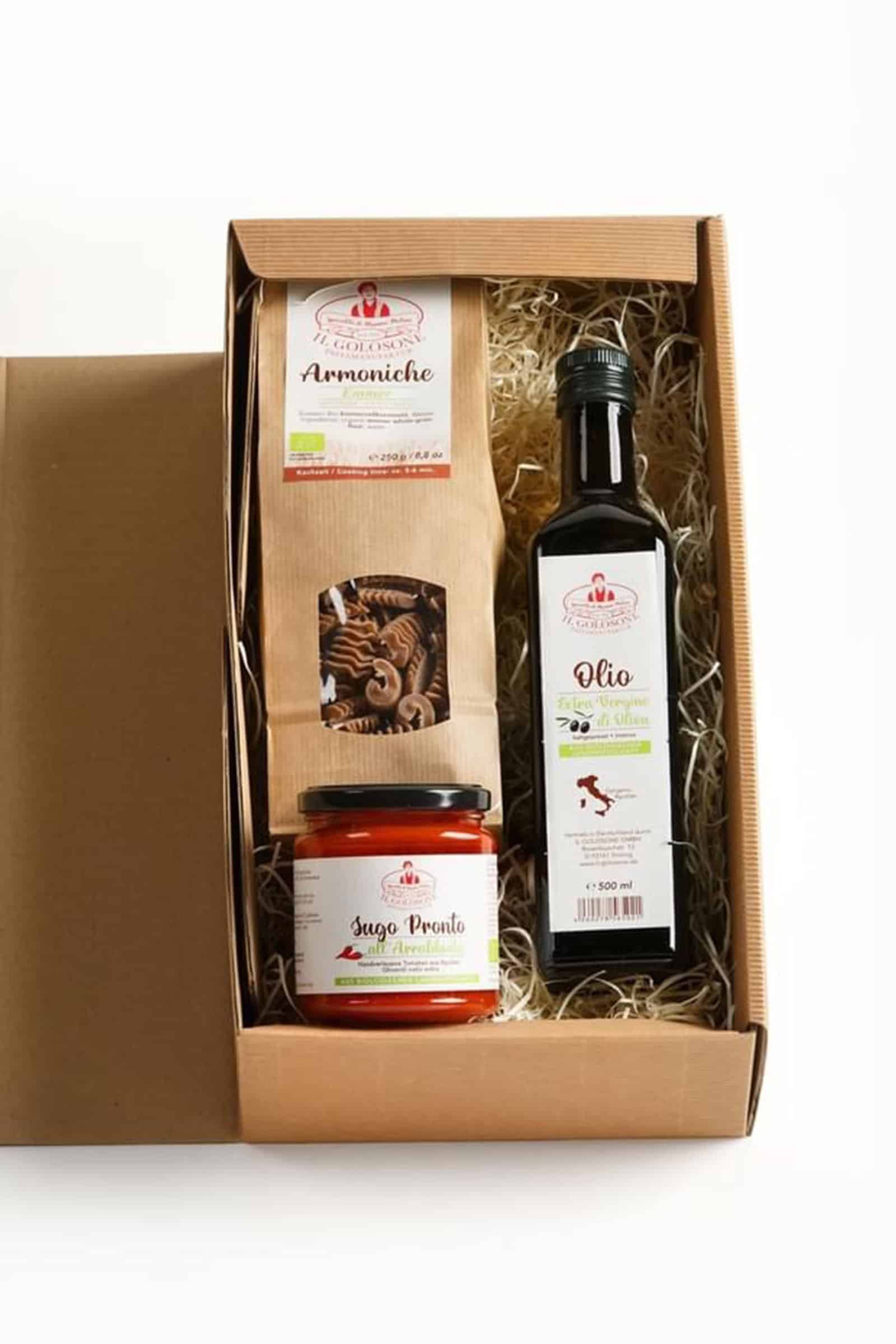 Bio-Olivenöl, Pasta und Tomatensauce im Geschenkkarton, italienische Spezialitäten, Il Golosone.