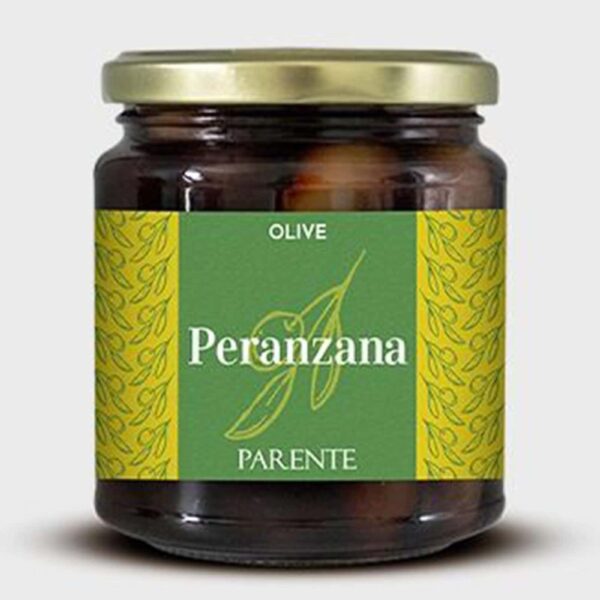 Oliven-Peranzana im Glas, Bio-Qualität, italienische Spezialität, gesunde mediterrane Ernährung.