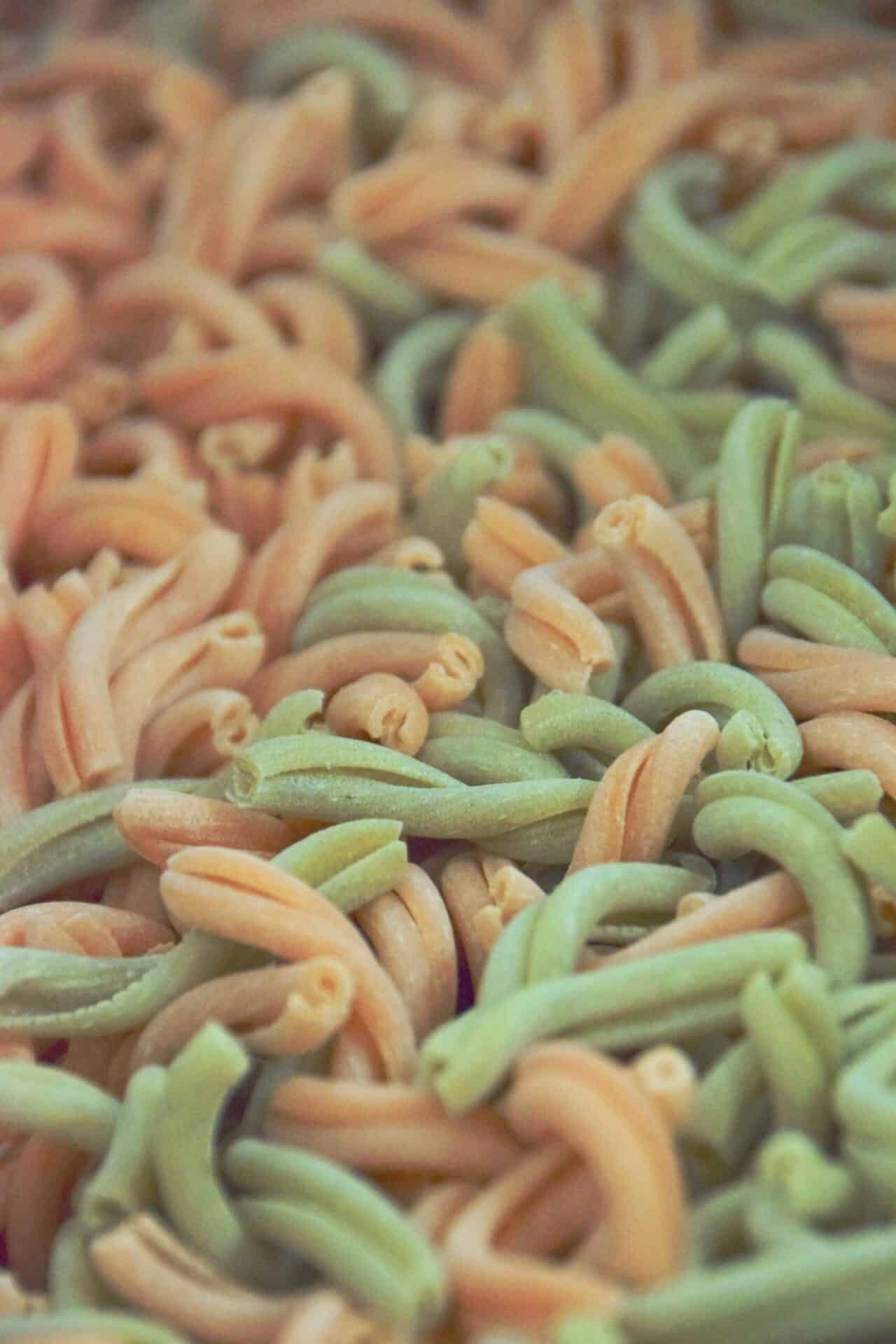 Bunte Farfalle-Nudeln in Pastellfarben.