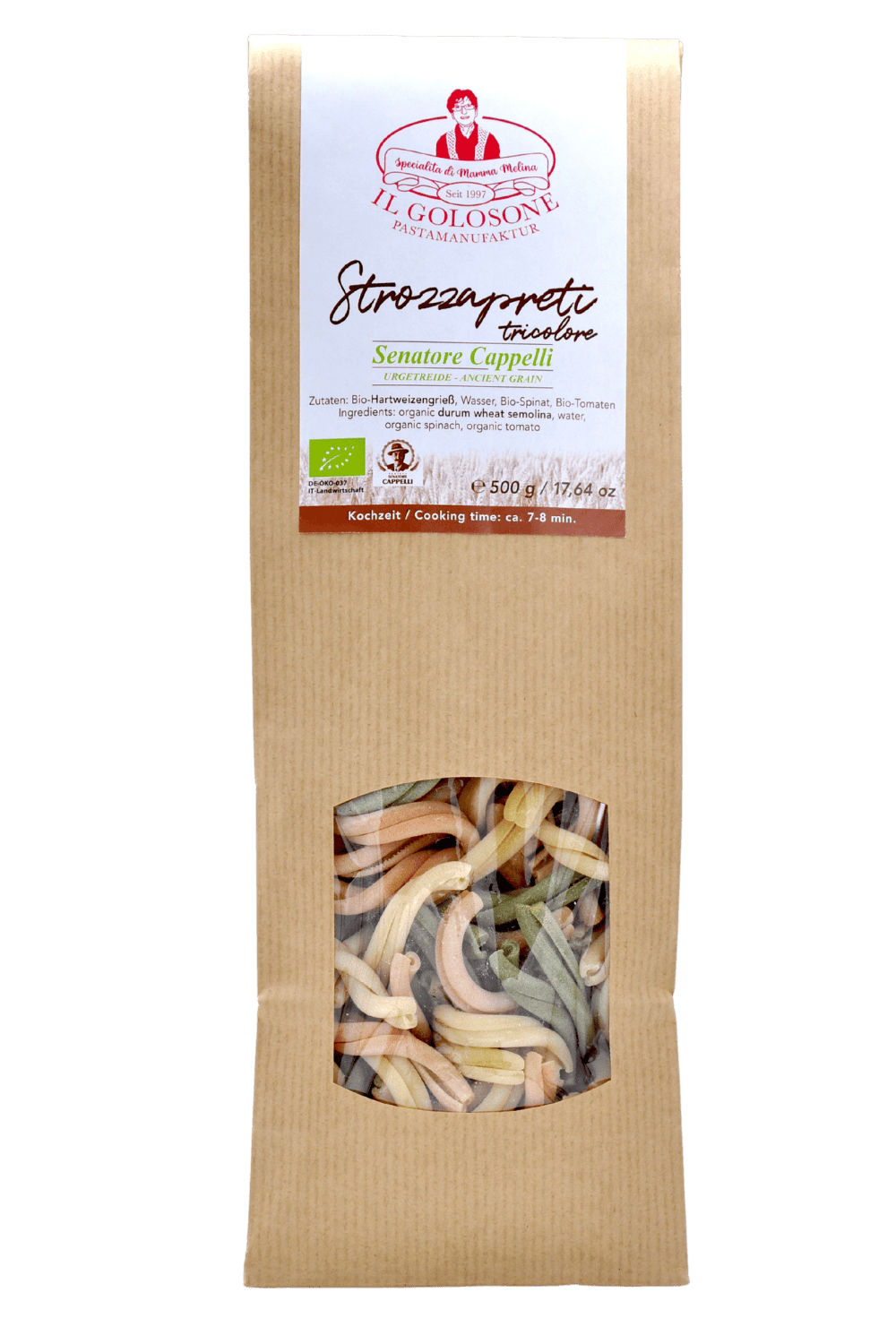 Bunte tricolore Pasta aus biologischem Getreide, hergestellt bei Il Golosone.