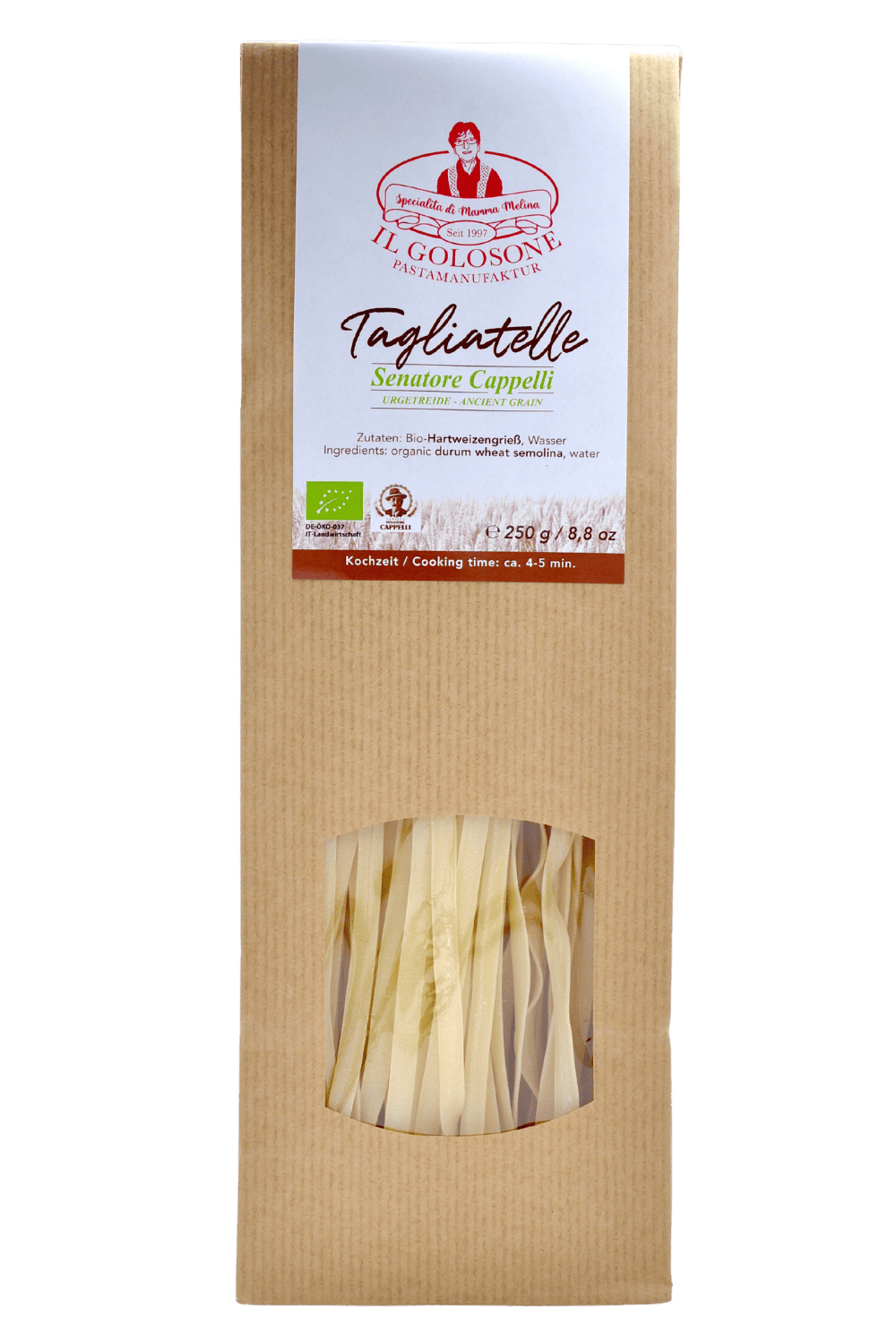 Veganer Tagliatelle-Nudelpackung aus Hartweizengrieß und Wasser.