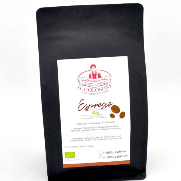 Hochwertiger Bio Espresso in Verpackung, italienischer Kaffee für Kaffeegenuss zu Hause.