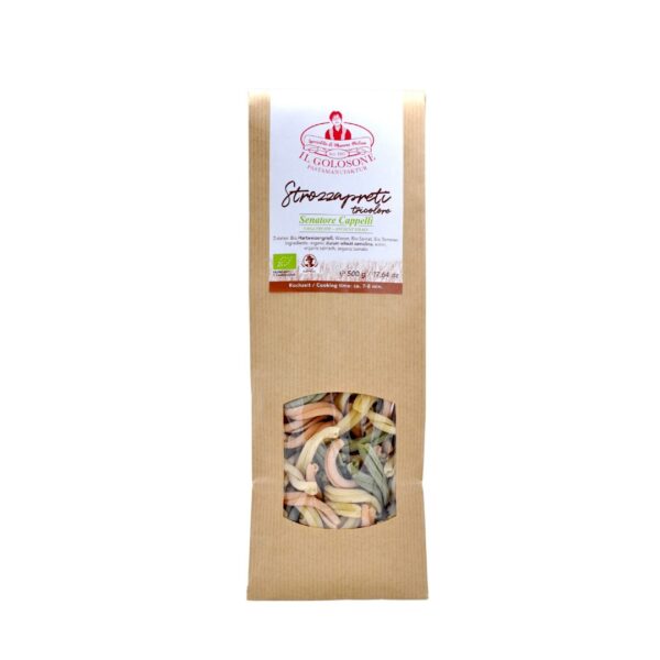 Farbig gestreifte Pasta aus biologischem Getreide, ideal für italienische Gerichte.