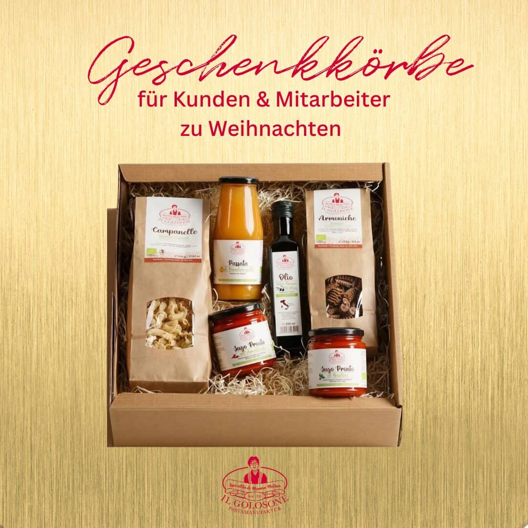Feinkost-Geschenkset für Weihnachten mit italienischen Spezialitäten, ideal für Kunden und Mitarbeiter.