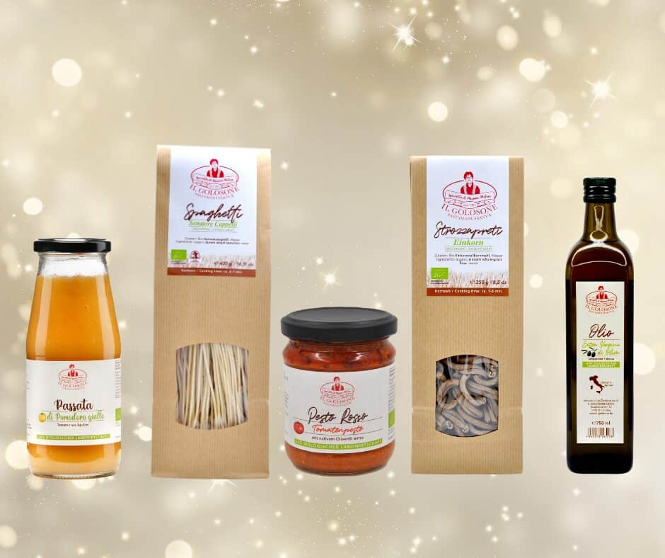 Feines italienisches Pasta-Set mit Passata, Spaghetti, Pesto Rosso, Stracciatella und Olivenöl.